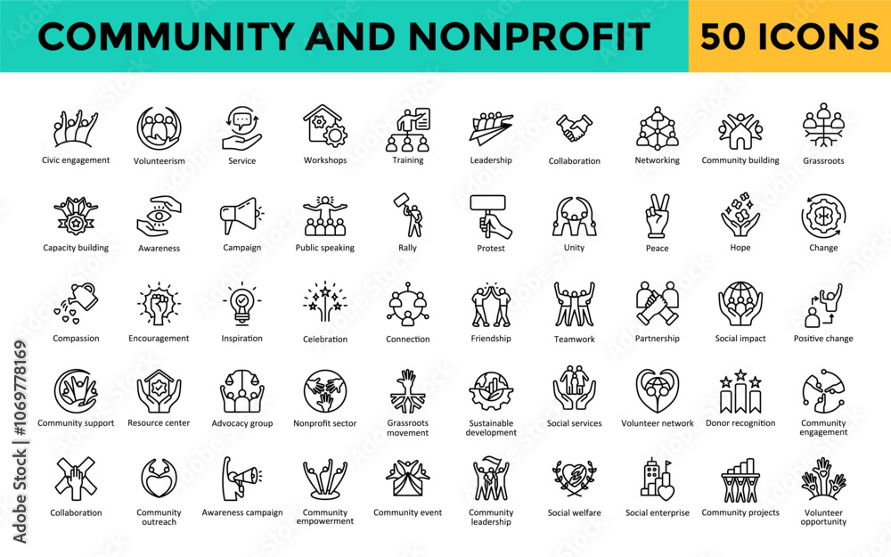 Community and Nonprofit icons set with civic engagement, volunteerism, service, workshops, training, leadership, collaboration, networking, community building, grassroots icon. Simple line vector
Community and Nonprofit icons set with civic engagement, volunteerism, service, workshops, training, leadership, collaboration, networking, community building, grassroots icon. Simple line vector