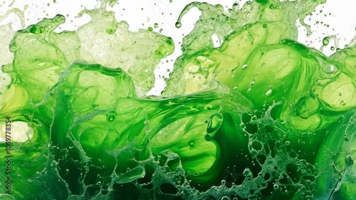 Green liquid splashes and swirls, creating a dynamic abstract pattern against a white background