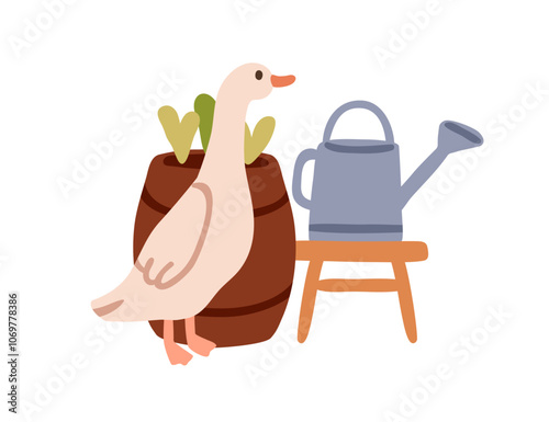 Goose, farm bird, poultry in rural scene. Barrel, watering can and fowl anima...
