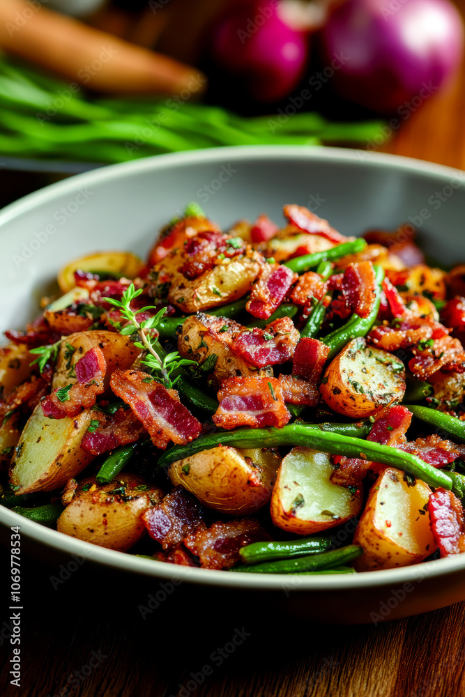 Rustic country-style dish with roasted new potatoes in a plate, tender green beans and crispy bacon bits. AI generative. Rustic country-style dish with roasted new potatoes in a plate, tender green beans and crispy bacon bits. AI generative.