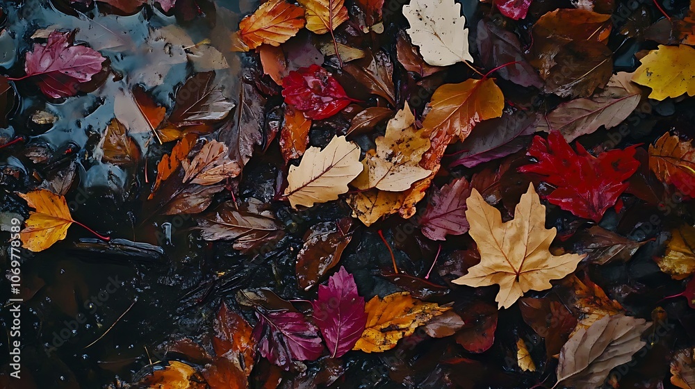 A serene arrangement of autumn leaves in various colors resting on a dark surface, capturing the essence of the fall season. A serene arrangement of autumn leaves in various colors resting on a dark surface, capturing the essence of the fall season.