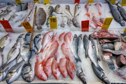 Display of fresh fish for sale seen in the chinatown of New York