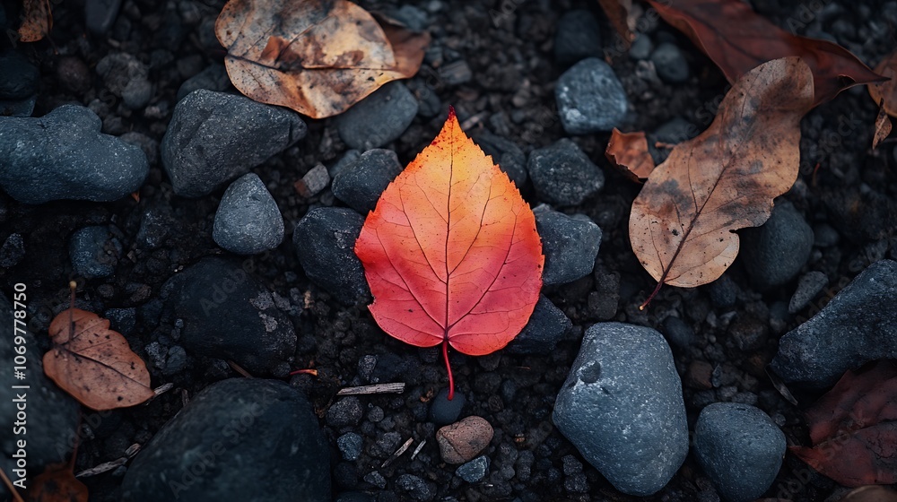 A vibrant red leaf rests on a bed of stones, showcasing autumn colors amidst fallen leaves and contrasting textures. A vibrant red leaf rests on a bed of stones, showcasing autumn colors amidst fallen leaves and contrasting textures.