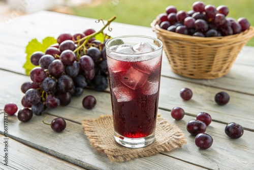 Refreshing Fresh Grapes Juice in a Glass with Ice Cubes and Grapes on a Wooden Table, Captured with Rule of Thirds for a Vibrant and Inviting Look