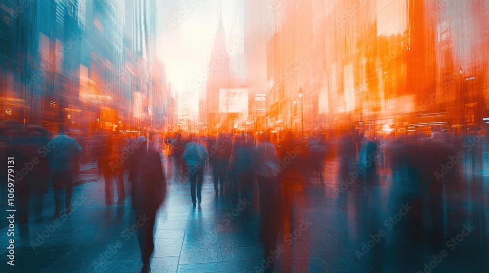 ** .Abstract Urban Scene with Blurred Motion of People Walking in a Busy City Street at Sunset with Vibrant Orange and Blue Tones..** ** .Abstract Urban Scene with Blurred Motion of People Walking in a Busy City Street at Sunset with Vibrant Orange and Blue Tones..**