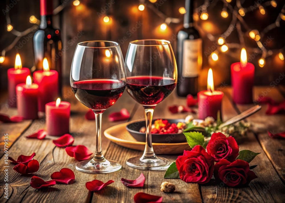 Romantic Valentine’s Day Dinner Setting: Two Glasses of Red Wine, Candles, and Rose Petals on a Wooden Table for a Love-Filled Evening Romantic Valentine’s Day Dinner Setting: Two Glasses of Red Wine, Candles, and Rose Petals on a Wooden Table for a Love-Filled Evening
