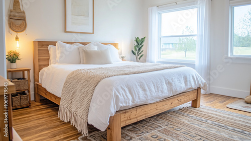 A wooden bed frame with white linen bedding and a woven throw blanket at the foot