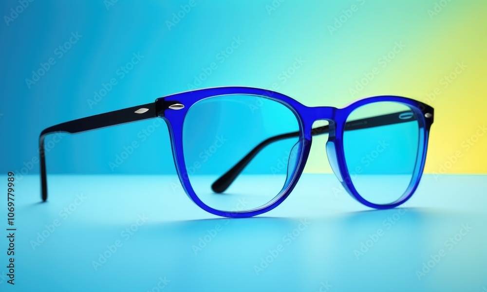 Stylish blue-tinted sunglasses displayed against a vibrant gradient background in a well-lit setting Stylish blue-tinted sunglasses displayed against a vibrant gradient background in a well-lit setting