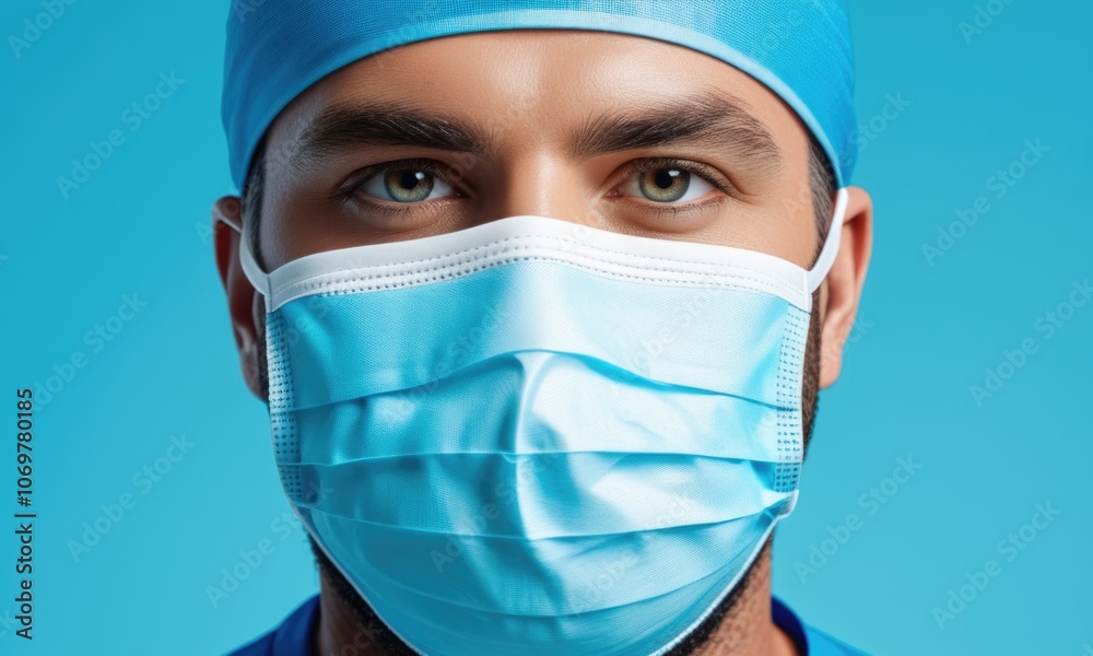 A medical professional wearing a surgical mask and cap against a blue background during routine health checks A medical professional wearing a surgical mask and cap against a blue background during routine health checks