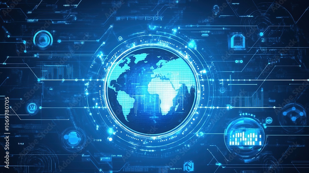 Global Network Digital World Futuristic Technology Abstract Background Blue Interface Connected Data Global Network Digital World Futuristic Technology Abstract Background Blue Interface Connected Data