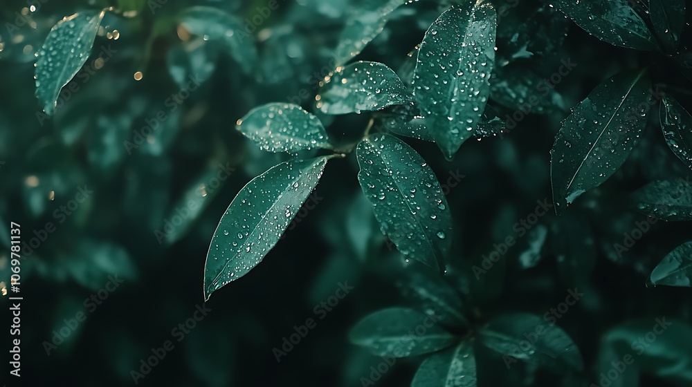 Fresh green leaves adorned with droplets of water create a serene, natural atmosphere, highlighting the beauty of nature and tranquility. Fresh green leaves adorned with droplets of water create a serene, natural atmosphere, highlighting the beauty of nature and tranquility.