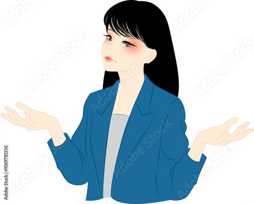 黒髪女性がスーツを着て手を広げている