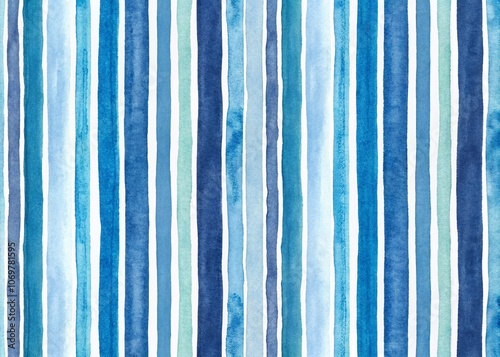 Seamless Vertical Watercolor Stripes Pattern in Blue Tones, Perfect for Textiles, Backgrounds, and Artistic Projects, Featuring a Harmonious Blend of Shades and Textures
