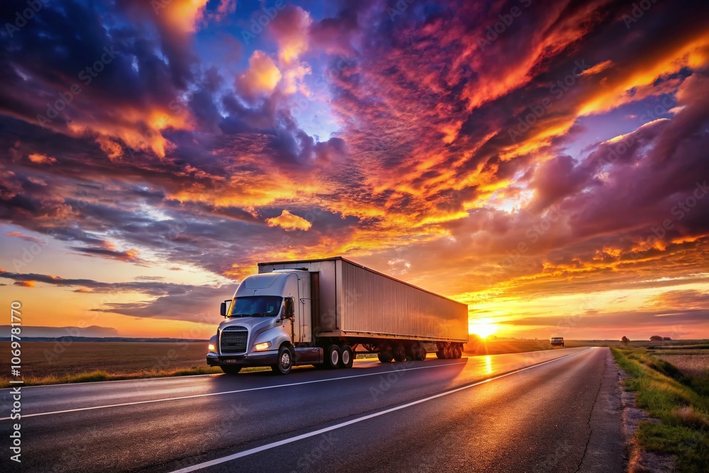 Semi Truck Transporting Cargo at Sunset on Asphalt Road - Scenic Journey with Clear Skies and Vibrant Colors - Perfect for Logistics and Transportation Themes Semi Truck Transporting Cargo at Sunset on Asphalt Road - Scenic Journey with Clear Skies and Vibrant Colors - Perfect for Logistics and Transportation Themes