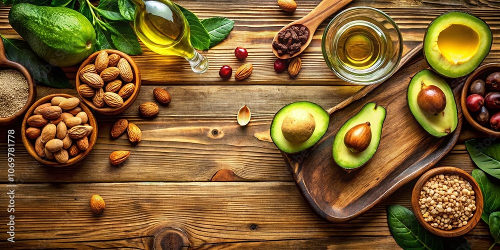 Selection of Healthy Fat Sources on Rustic Wooden Table with Avocado, Nuts, and Olive Oil, Perfect for Urban Exploration Photography, Emphasizing Natural Food Choices and Wellness Selection of Healthy Fat Sources on Rustic Wooden Table with Avocado, Nuts, and Olive Oil, Perfect for Urban Exploration Photography, Emphasizing Natural Food Choices and Wellness