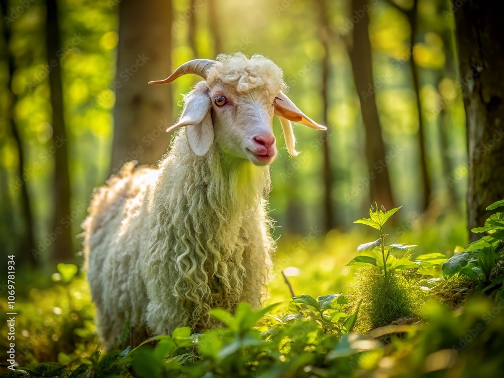 Fototapeta premium Serene Angora Goat Amidst Lush Forest Canopy in Minimalist Photography Style, Emphasizing Soft Textures and Natural Harmony, Capturing the Essence of Tranquility in Nature