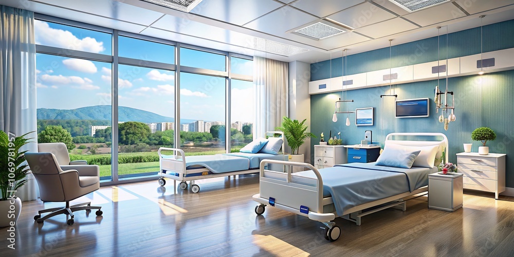 Serene and Modern Hospital Interior with Comfortable Beds and Advanced Medical Equipment Overlooking Beautiful Nature in a Bright, Spacious Room Serene and Modern Hospital Interior with Comfortable Beds and Advanced Medical Equipment Overlooking Beautiful Nature in a Bright, Spacious Room