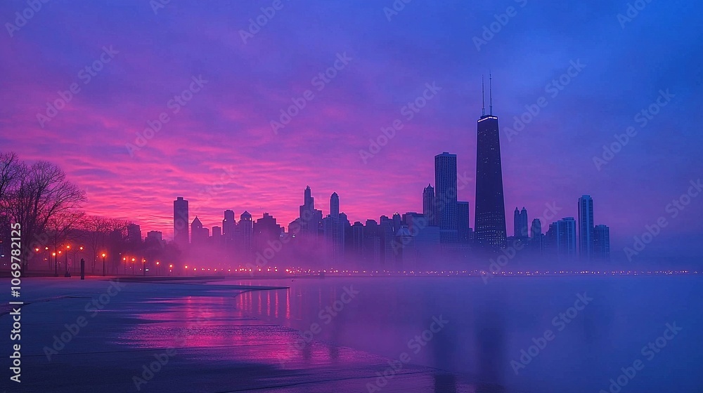 Obraz premium Chicago Skyline at Sunset with Fog and Pink Sky