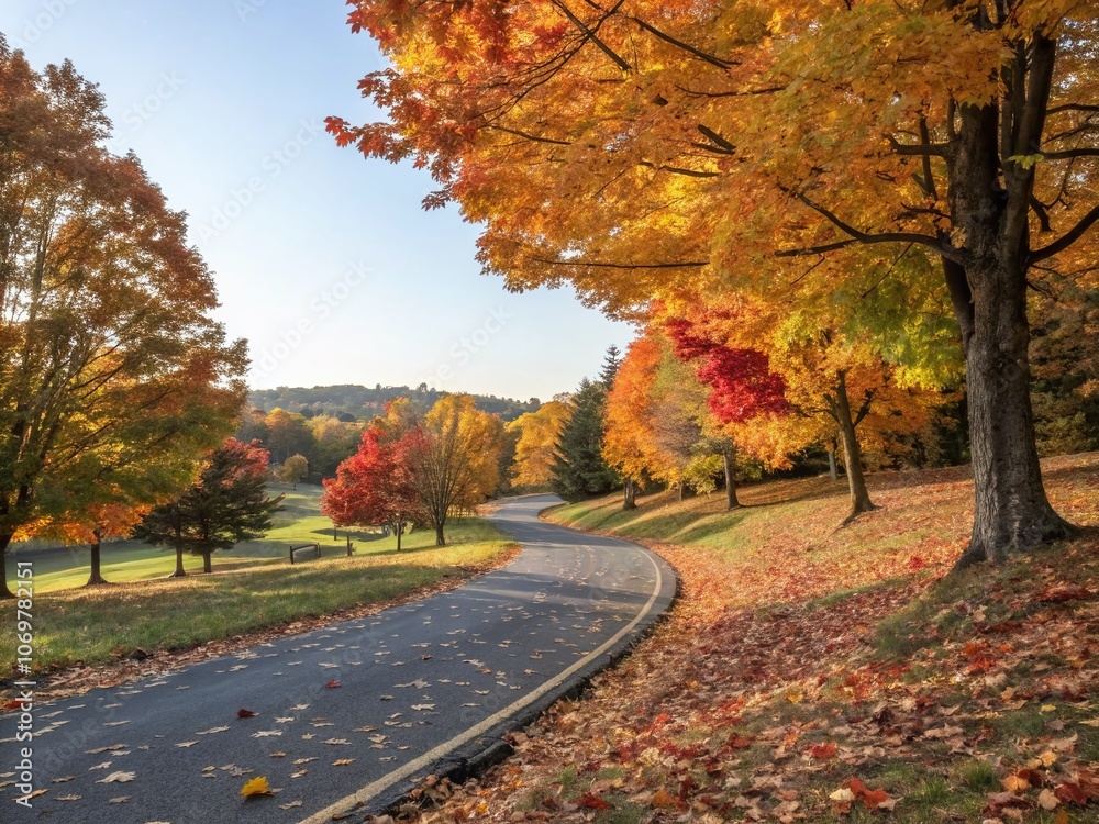 Naklejka premium Serene Autumn Road in the Park with Colorful Foliage and Clear Skies, Perfect for Relaxation and Reflection - Ideal for Nature Lovers and Scenic Photography Enthusiasts