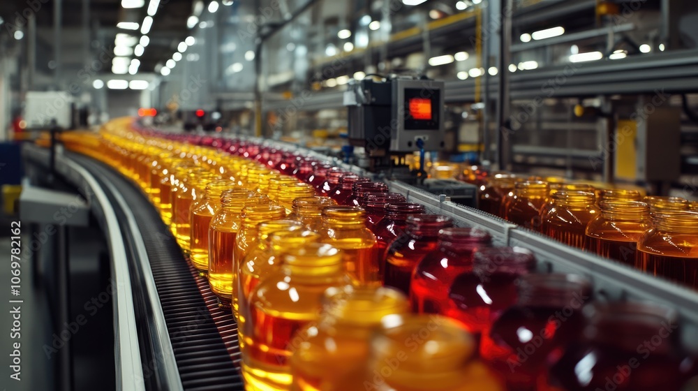 Vibrant Bottles on Production Line in Manufacturing Facility Vibrant Bottles on Production Line in Manufacturing Facility