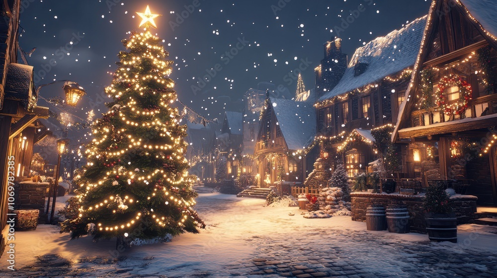 Obraz premium Christmas tree in a fantasy christmas village landscape, snowy xmas town vibe background wallpaper