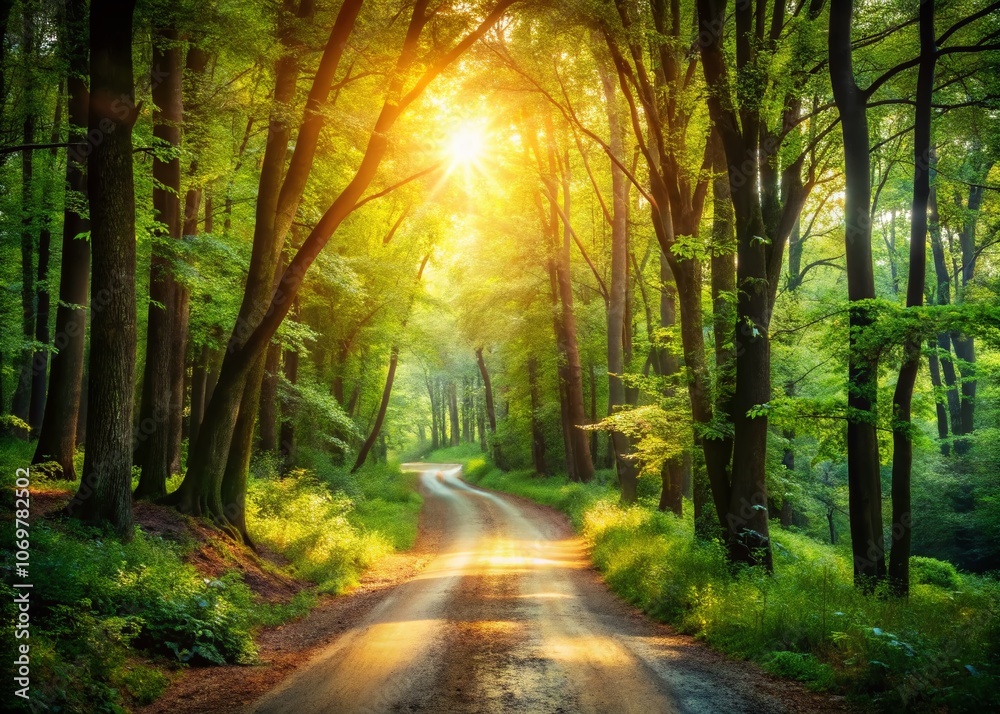 Fototapeta premium Serene Dirt Road Winding Through a Lush Green Forest Canopy with Soft Bokeh Effect for Seamless Looping 4K Video Animation of a Tranquil Nature Setting