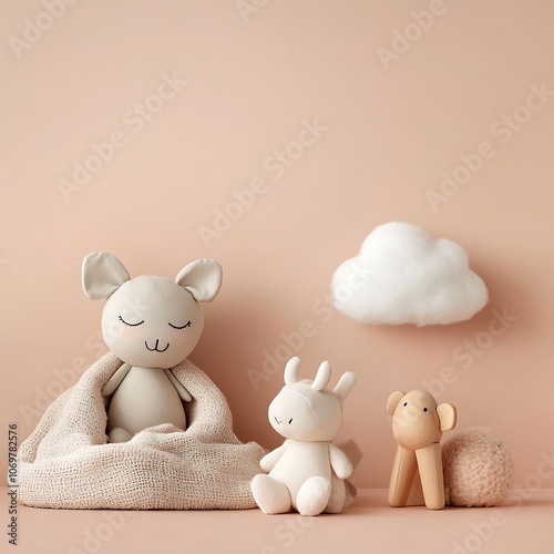 Adorable nursery decor with wooden animal toys, a cozy blanket, and a small cloud lamp, isolated on a light coral background photo