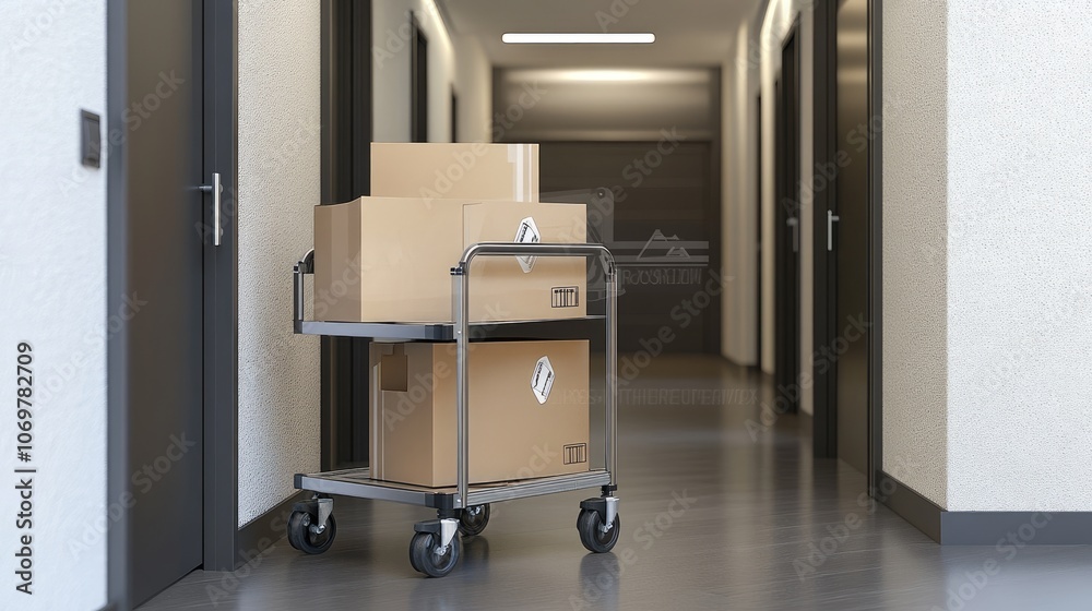 Delivery Cart with Boxes in Modern Hallway Delivery Cart with Boxes in Modern Hallway