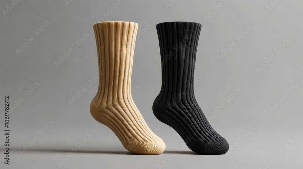 Beige and Black Ribbed Socks on Grey Background Beige and Black Ribbed Socks on Grey Background
