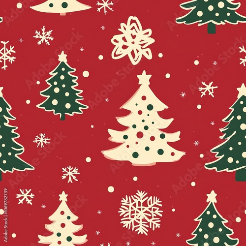 Christmas Tree Pattern Red Background Seamless Holiday Decor Winter Design