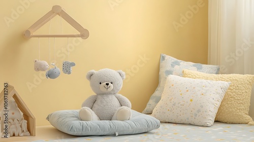 Cozy nursery decor with soft pastel pillows, a small plush bear, and a wooden mobile, set against a gentle yellow background