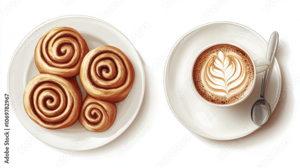 Cinnamon rolls and coffee latte on a white plate isolated on white background. Perfect for breakfast or cozy coffee shop vibes. Cinnamon rolls and coffee latte on a white plate isolated on white background. Perfect for breakfast or cozy coffee shop vibes.