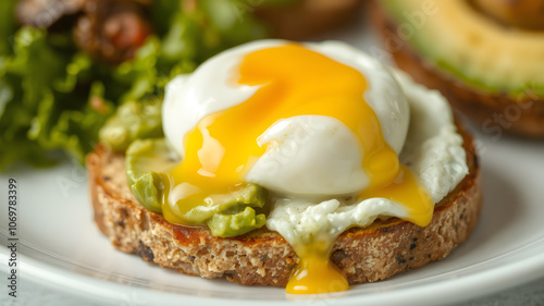 Poached Egg Burst.Perfect poached egg on white toast. photo