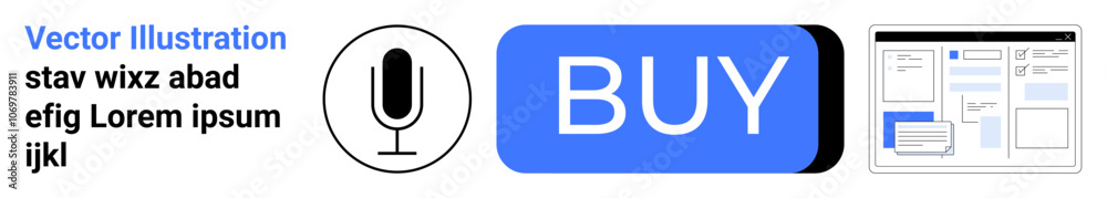 Black microphone inside a circle, blue button with BUY text, sample webpage layout, and editable lorem ipsum text. Ideal for app development, ecommerce, UI design, mobile interfaces, website Black microphone inside a circle, blue button with BUY text, sample webpage layout, and editable lorem ipsum text. Ideal for app development, ecommerce, UI design, mobile interfaces, website