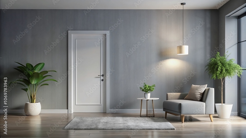 Serene Minimalist Room with Sleek Gray Wall and Closed White Door, Perfect for Tranquility and Peaceful Atmosphere, Ideal for Interior Design Lovers and Minimalism Enthusiasts Serene Minimalist Room with Sleek Gray Wall and Closed White Door, Perfect for Tranquility and Peaceful Atmosphere, Ideal for Interior Design Lovers and Minimalism Enthusiasts