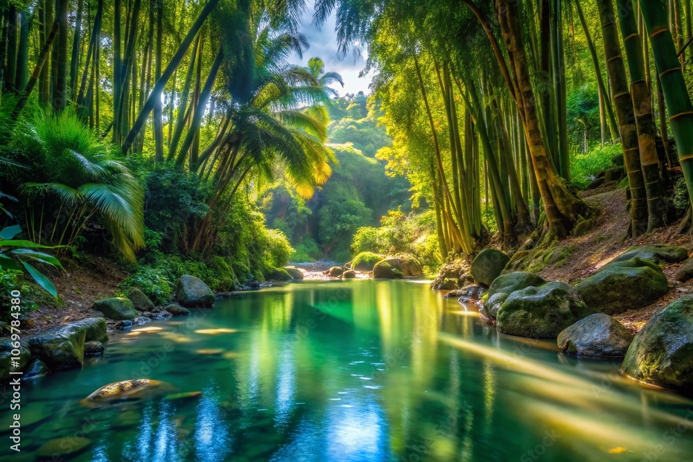 Serene Natural Oasis Pool and Creek Surrounded by Lush Tropical Bamboo Jungle in North Trinidad and Tobago, Showcasing Nature's Tranquility and Beauty in Paradise Serene Natural Oasis Pool and Creek Surrounded by Lush Tropical Bamboo Jungle in North Trinidad and Tobago, Showcasing Nature's Tranquility and Beauty in Paradise