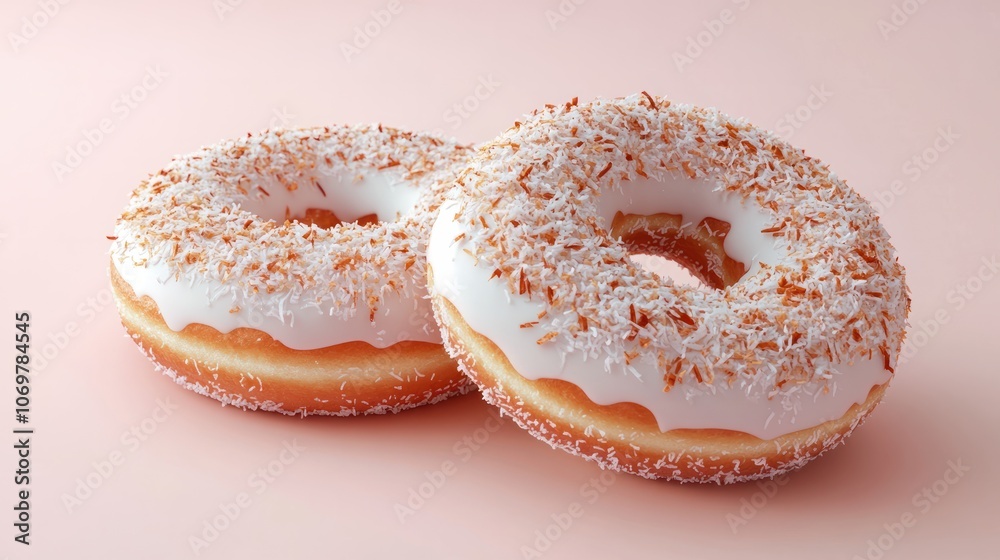 Delicious Donut Set With White Glaze And Toasted Crunchy Coconut Flakes On Isolated Background Delicious Donut Set With White Glaze And Toasted Crunchy Coconut Flakes On Isolated Background