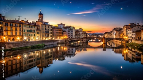 Serene Nightscape of Florence: A Minimalist Perspective on Iconic Architecture and Tranquil Streets Illuminated by City Lights and Starry Skies, Capturing the Essence of Firenze After Dark