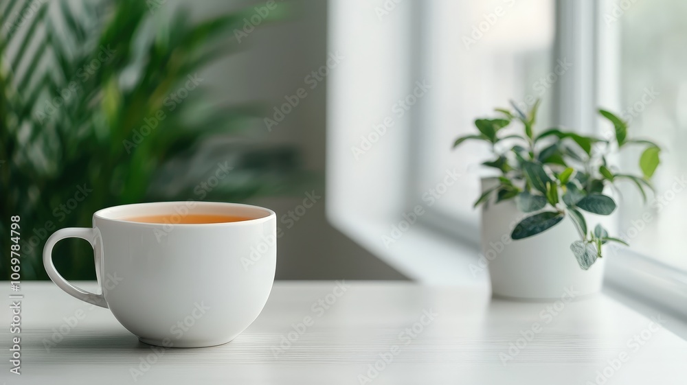 A serene scene featuring a white cup of tea beside a small potted plant on a table, with natural light illuminating the peaceful setting. A serene scene featuring a white cup of tea beside a small potted plant on a table, with natural light illuminating the peaceful setting.