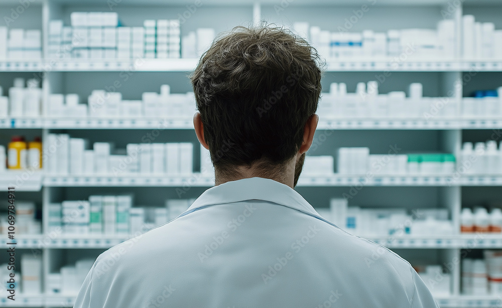 Male pharmacist wearing a white coat, browsing shelves filled with medications in a pharmacy. Male pharmacist wearing a white coat, browsing shelves filled with medications in a pharmacy.