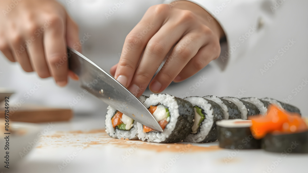 Obraz premium cuts the roll closeup on a wooden board.
