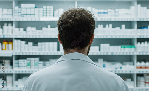 Male pharmacist wearing a white coat, browsing shelves filled with medications in a pharmacy.