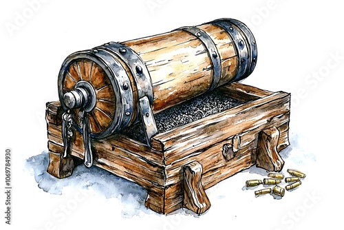 Watercolor Illustration of an Old Cannon with Bullets. photo