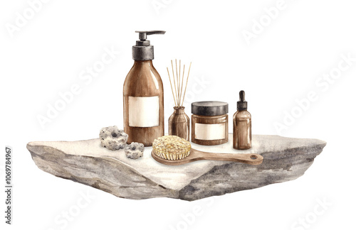 Natural cosmetics on stone, bottle with dispenser, serum, diffuser, cream, body brush and oil. Watercolor illustration on isolated background, suitable for cosmetics design and beauty blogs