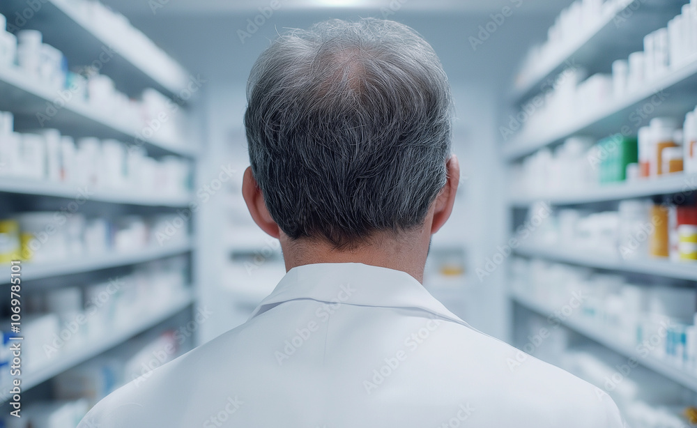 Male pharmacist wearing a white coat, browsing shelves filled with medications in a pharmacy. Male pharmacist wearing a white coat, browsing shelves filled with medications in a pharmacy.