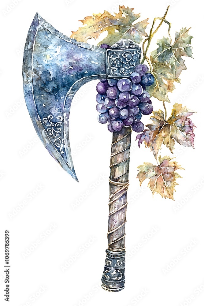 Obraz premium Watercolor Illustration of a Hand-Painted Axe with Grapes and Vines.