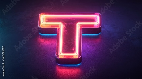 Letter T in futuristic neon with glowing edges, dark background 