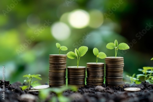 Coins stacked with digital graph symbolizing sustainable finance growth and renewable energy investment for a green future.