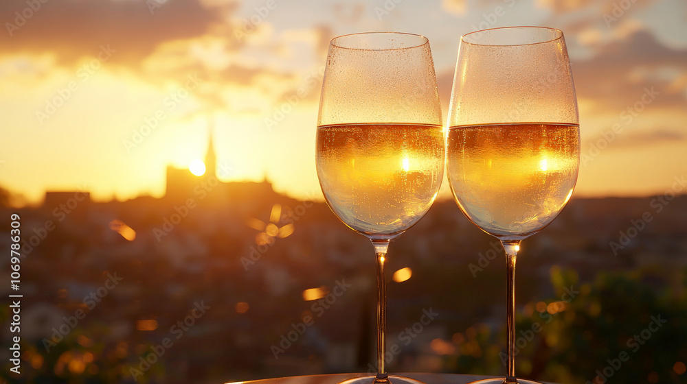 Champagne glasses clinking at sunset, reflecting warm golden hues over cityscape, creating celebratory atmosphere Champagne glasses clinking at sunset, reflecting warm golden hues over cityscape, creating celebratory atmosphere
