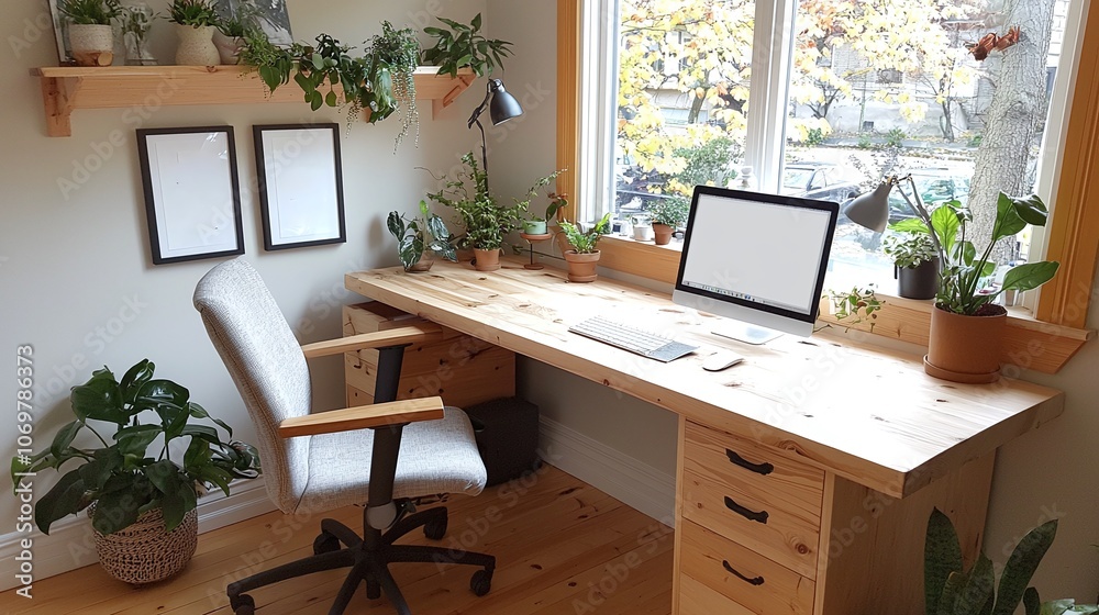 Cozy hygge and furniture concept. A bright, modern workspace featuring a wooden desk, ergonomic chair, and an abundance of indoor plants near large windows. Cozy hygge and furniture concept. A bright, modern workspace featuring a wooden desk, ergonomic chair, and an abundance of indoor plants near large windows.